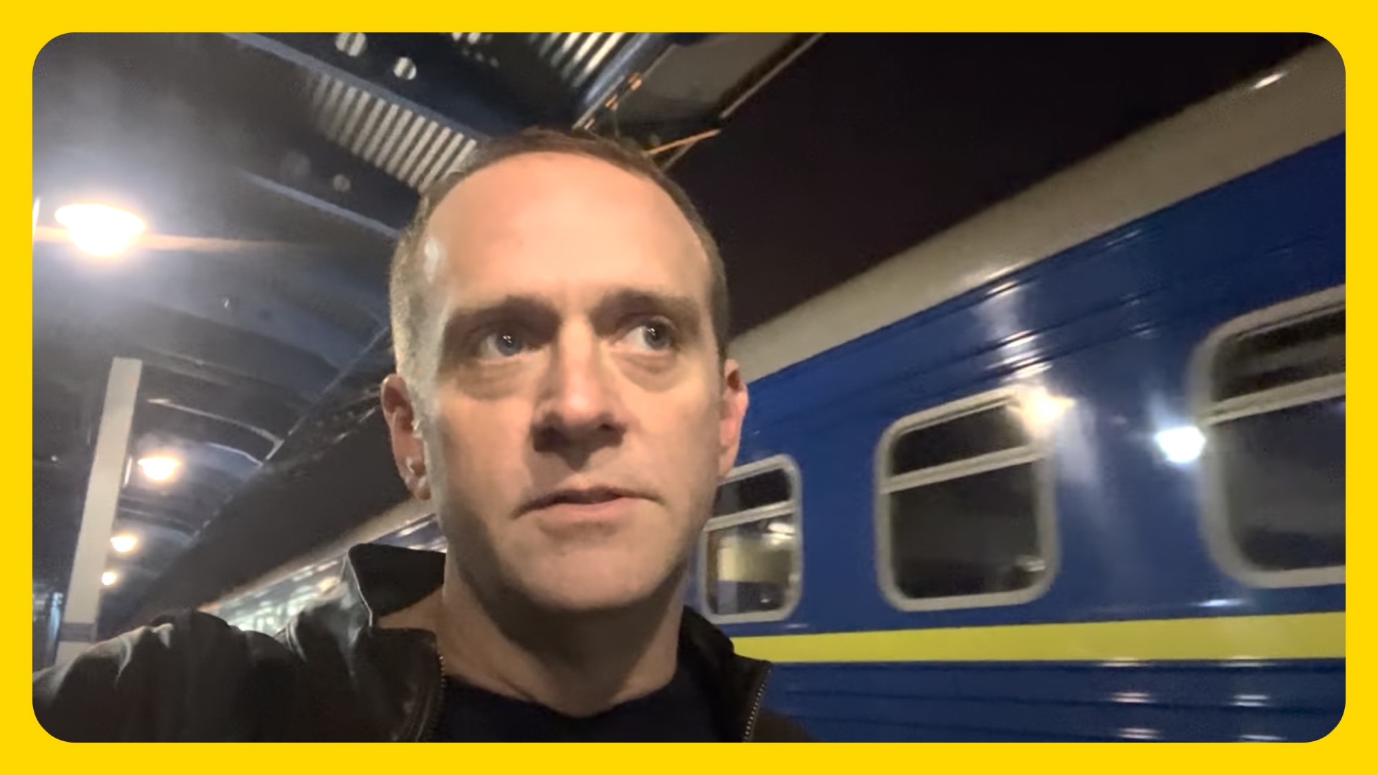 Samuel Cook on a railway platform in Ukraine